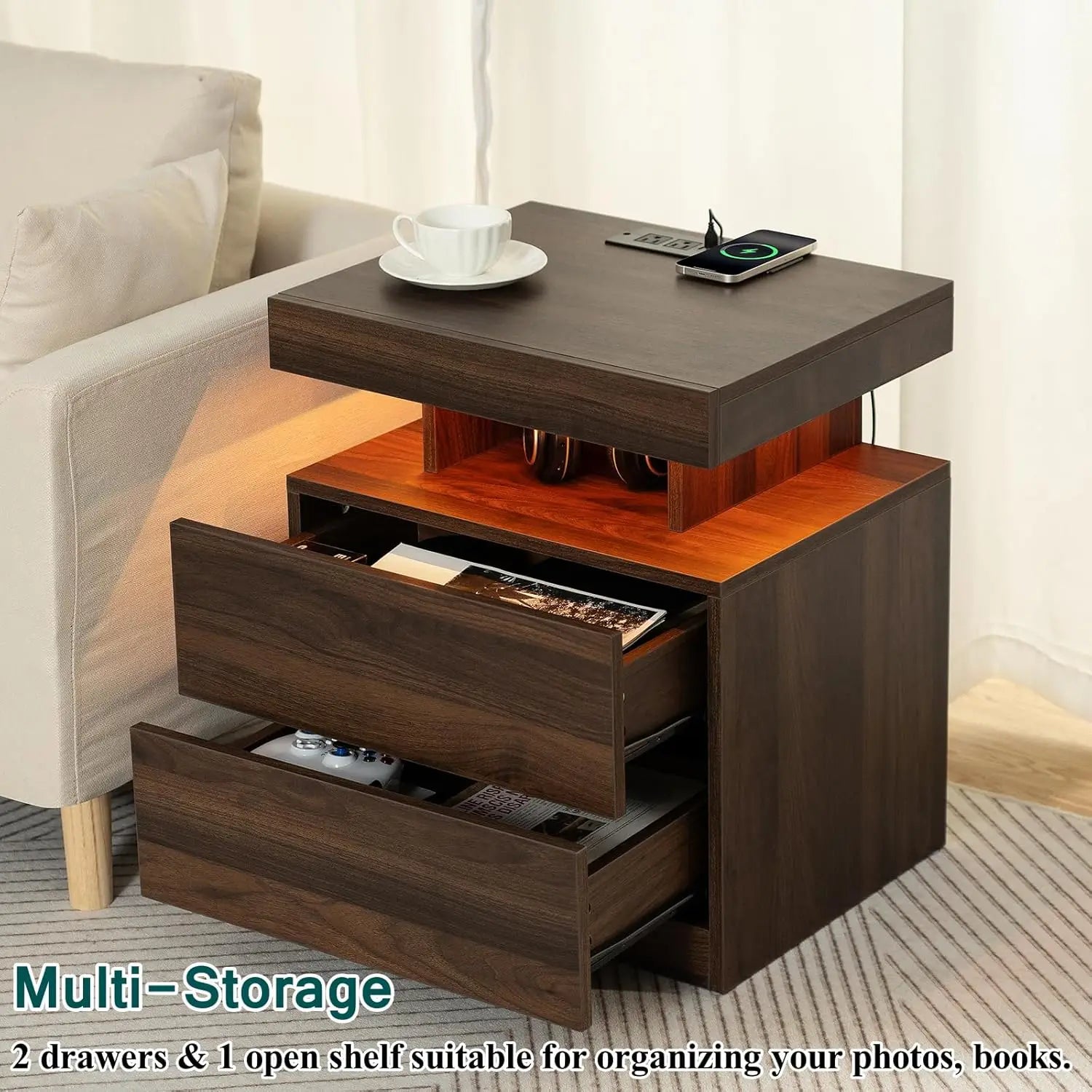 Wooden Smart LED Nightstand Set of 2 / Ruch