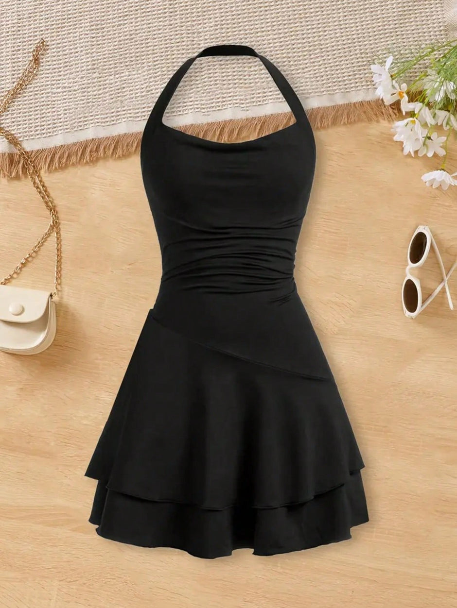 Girls Halter Neck Tiered Skater Polyester Dress / Ruchi