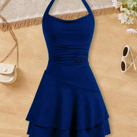 Girls Halter Neck Tiered Skater Polyester Dress / Ruchi