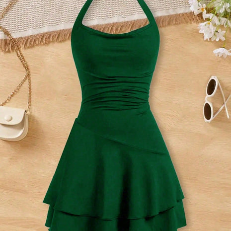 Girls Halter Neck Tiered Skater Polyester Dress / Ruchi