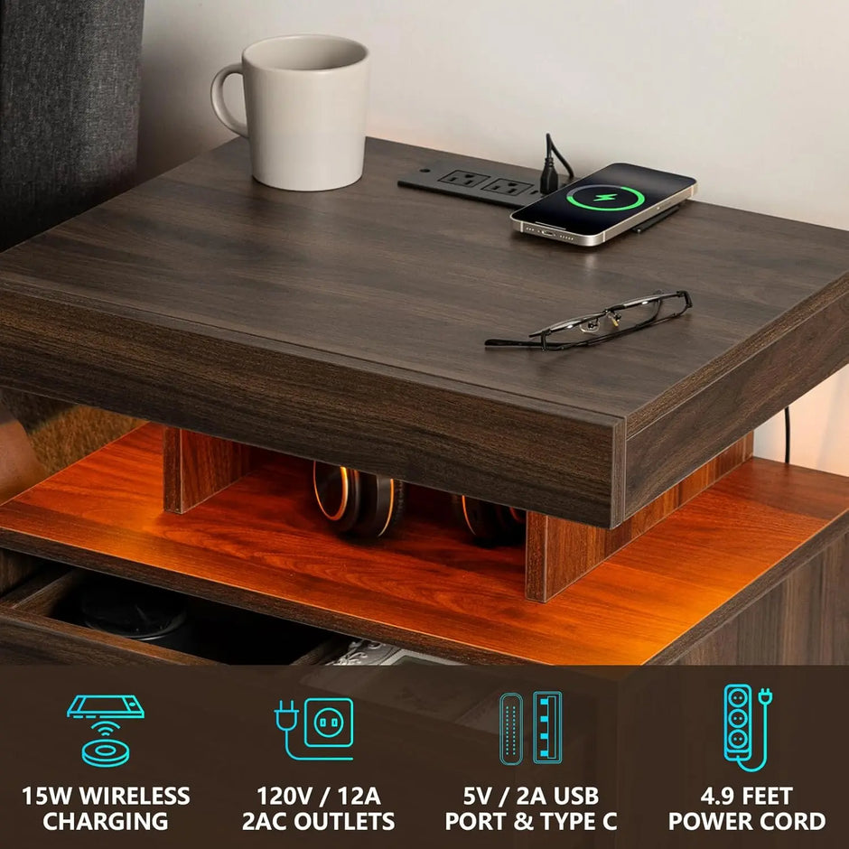 Wooden Smart LED Nightstand Set of 2 / Ruch