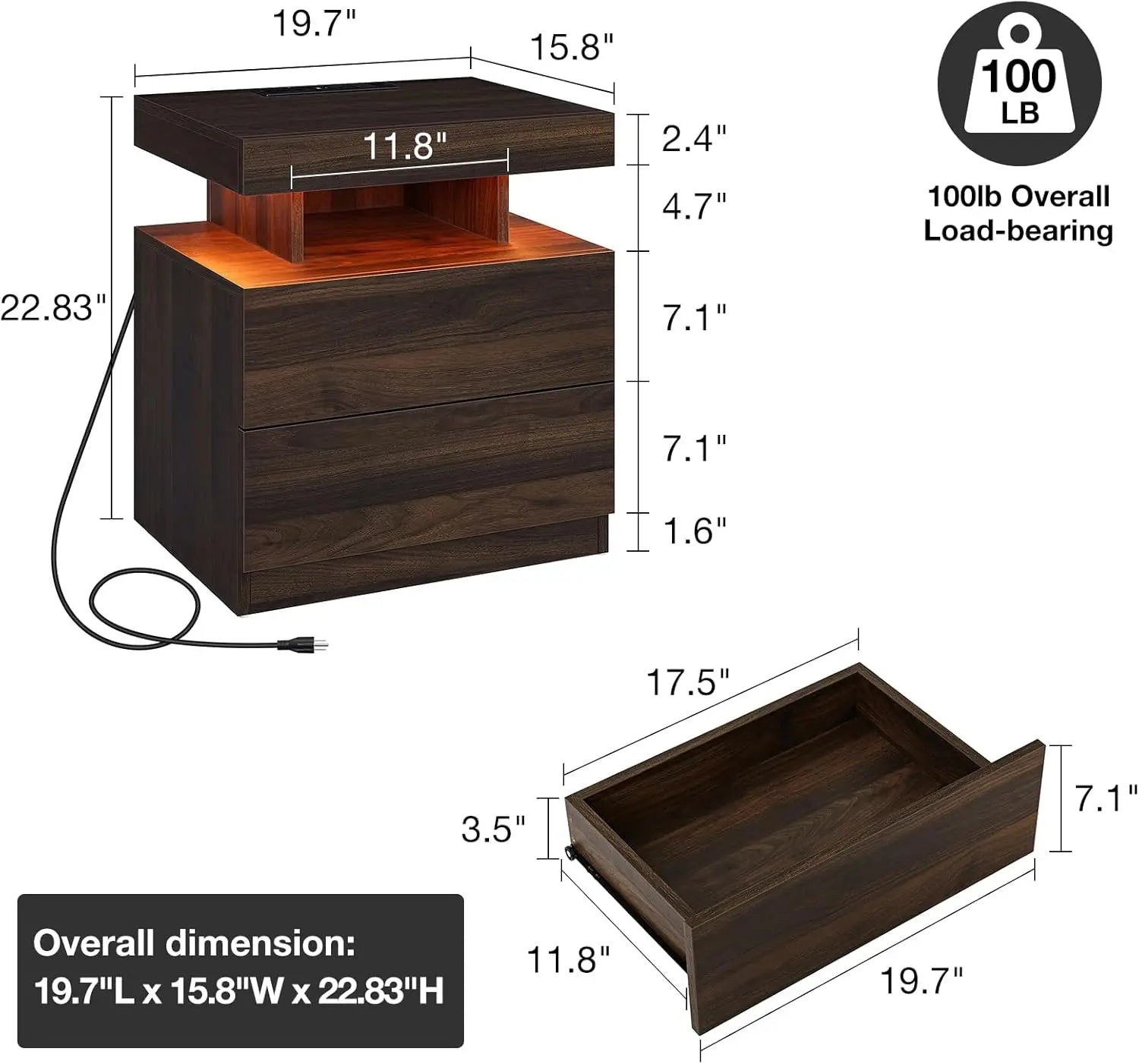 Wooden Smart LED Nightstand Set of 2 / Ruch