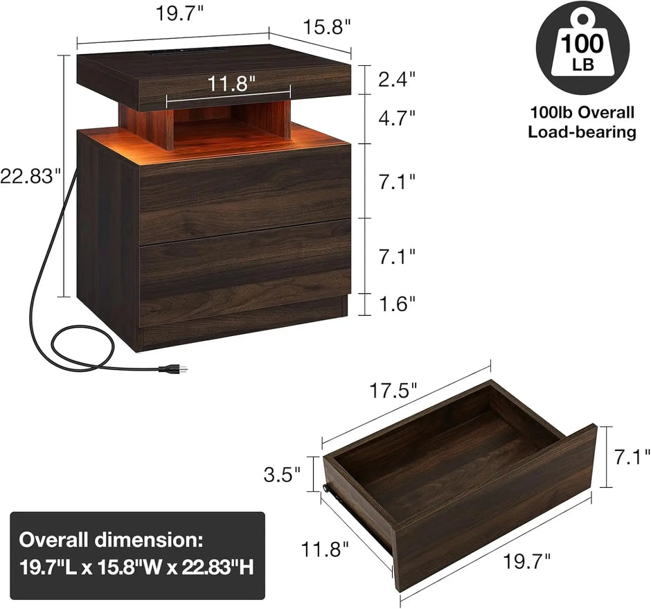 Wooden Smart LED Nightstand Set of 2 / Ruch
