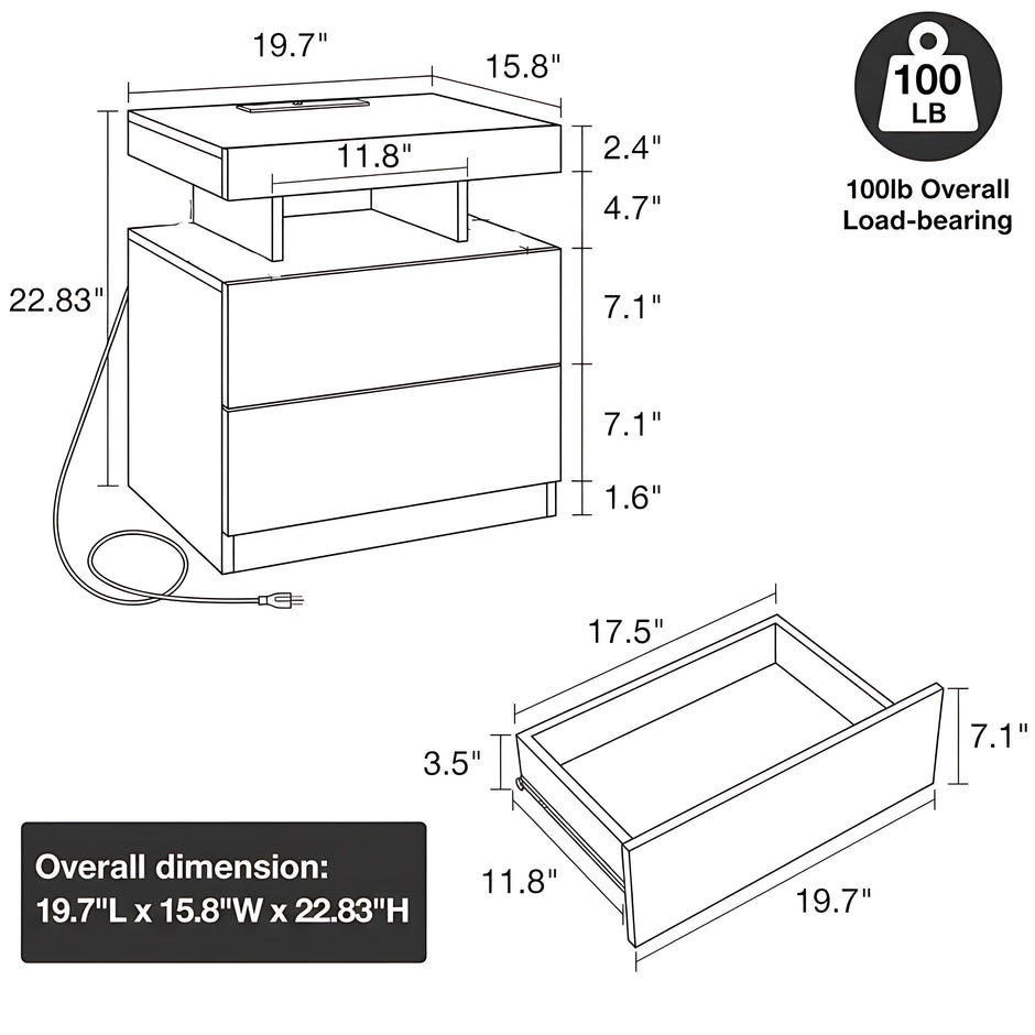 Wooden Smart LED Nightstand Set of 2 / Ruchi