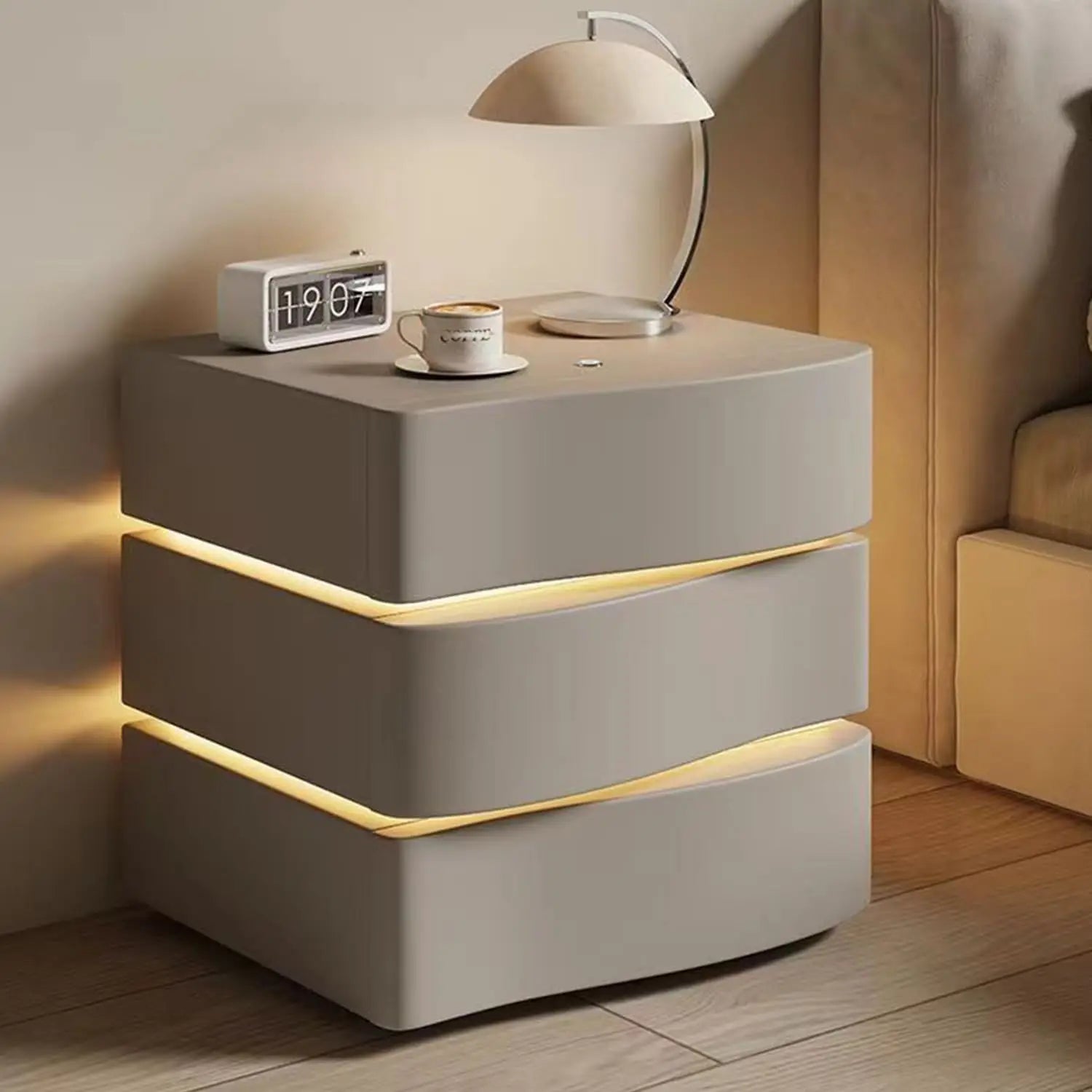 Solid Wooden Leather Bedside Table With LED / Ruchi