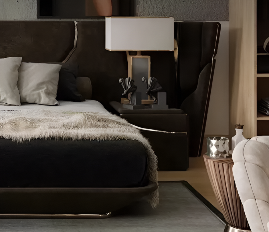 Golden Metallic Veins Design Velvet Bed