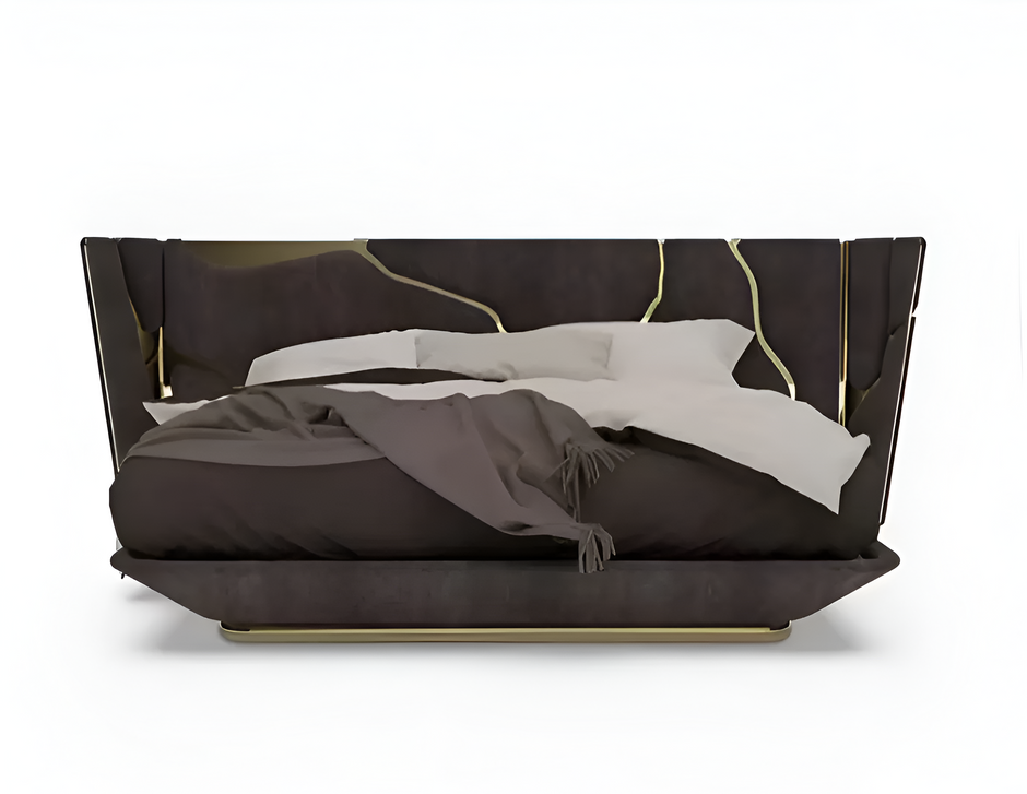 Golden Metallic Veins Design Velvet Bed