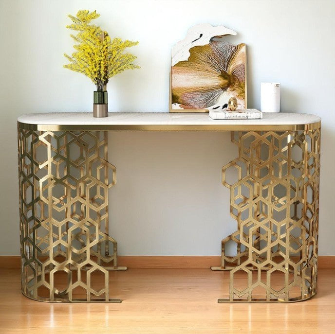 Luxurious Contemporary Metal Console Table With Marble Top