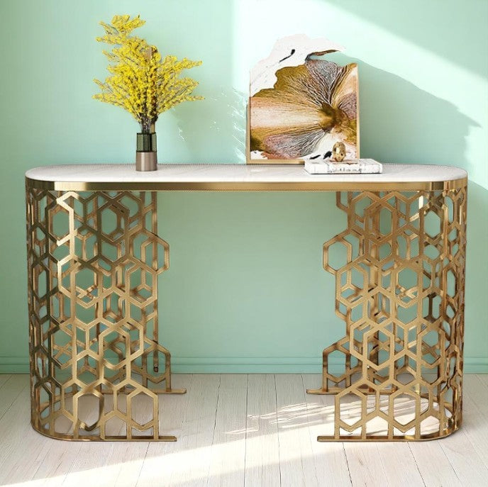 Luxurious Contemporary Metal Console Table With Marble Top