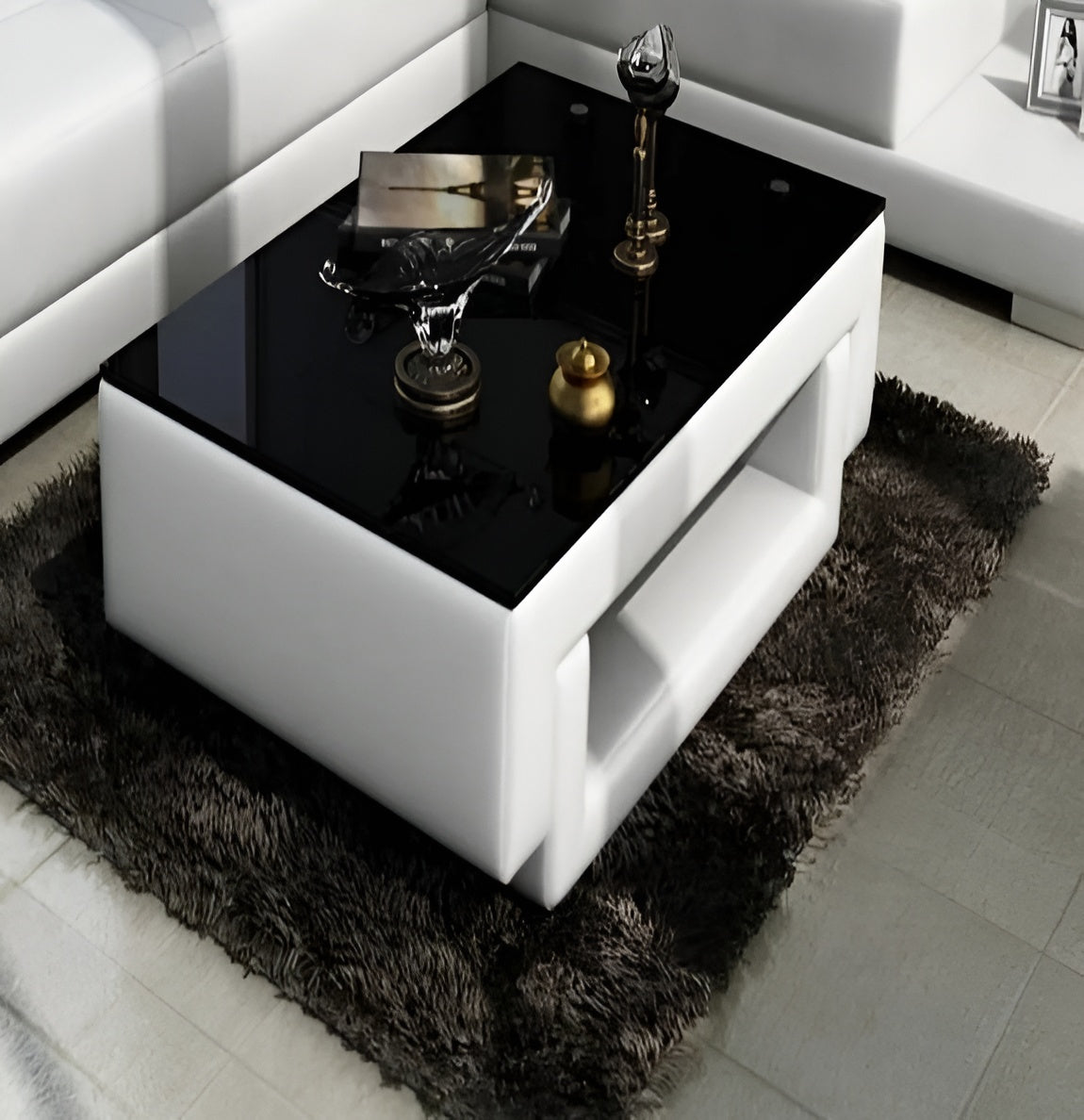 Black Glass Top Leather Coffee Table / Ruchi