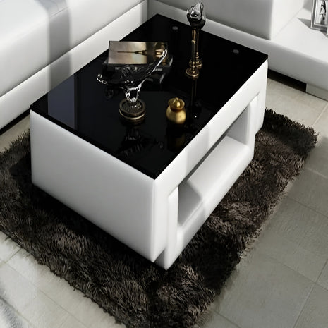 Black Glass Top Leather Coffee Table / Ruchi
