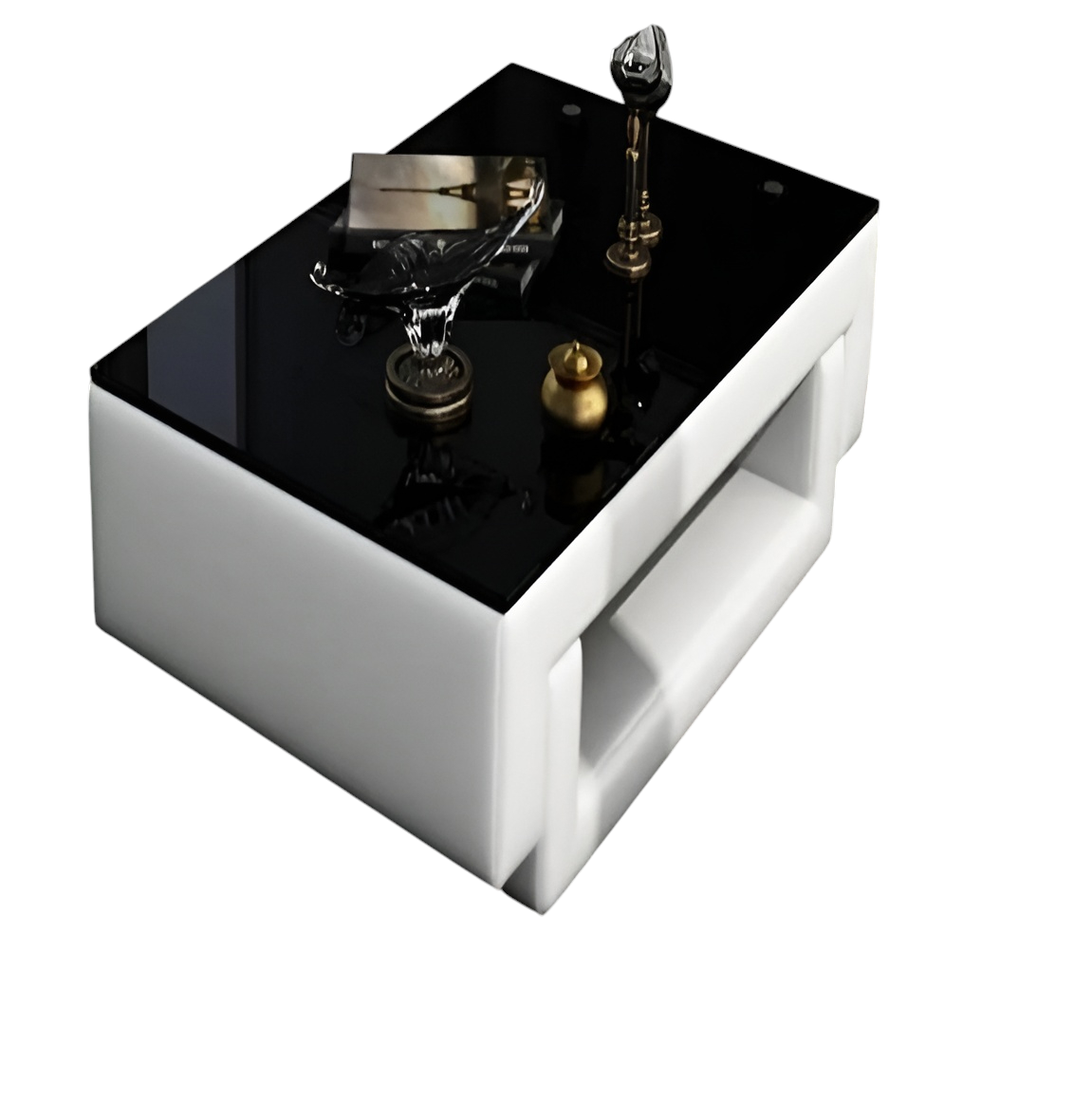 Black Glass Top Leather Coffee Table / Ruchi