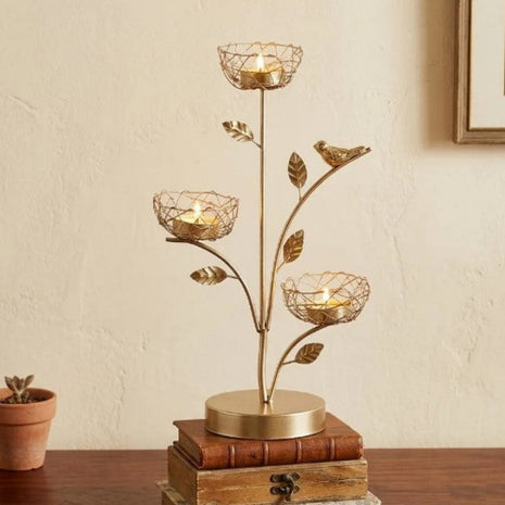 Golden Metal Bird And Branch Tealight Candle Holder / Ruchi