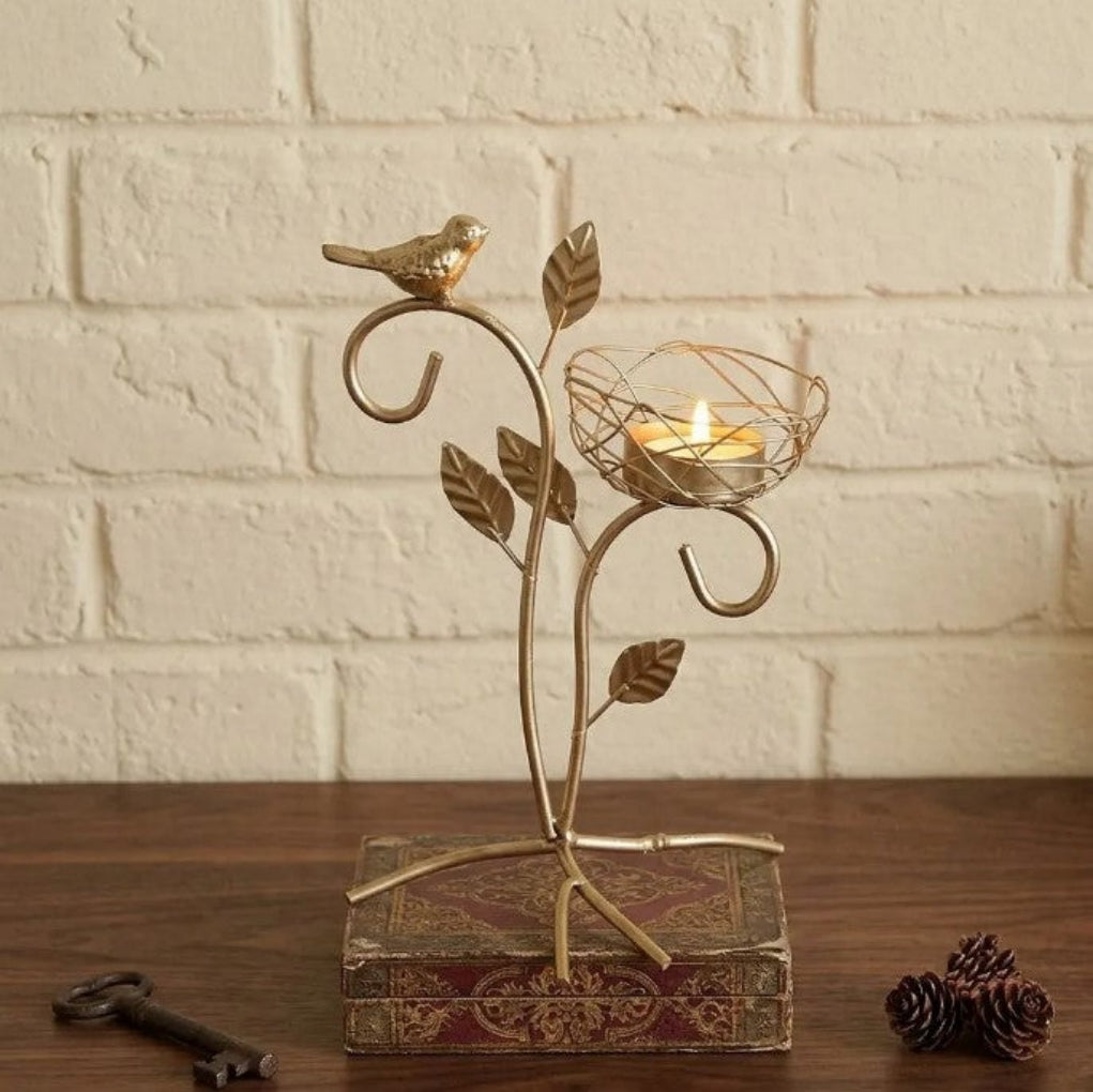 Golden Metal Bird And Branch Tealight Candle Holder / Ruchi