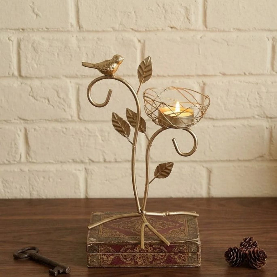 Golden Metal Bird And Branch Tealight Candle Holder / Ruchi