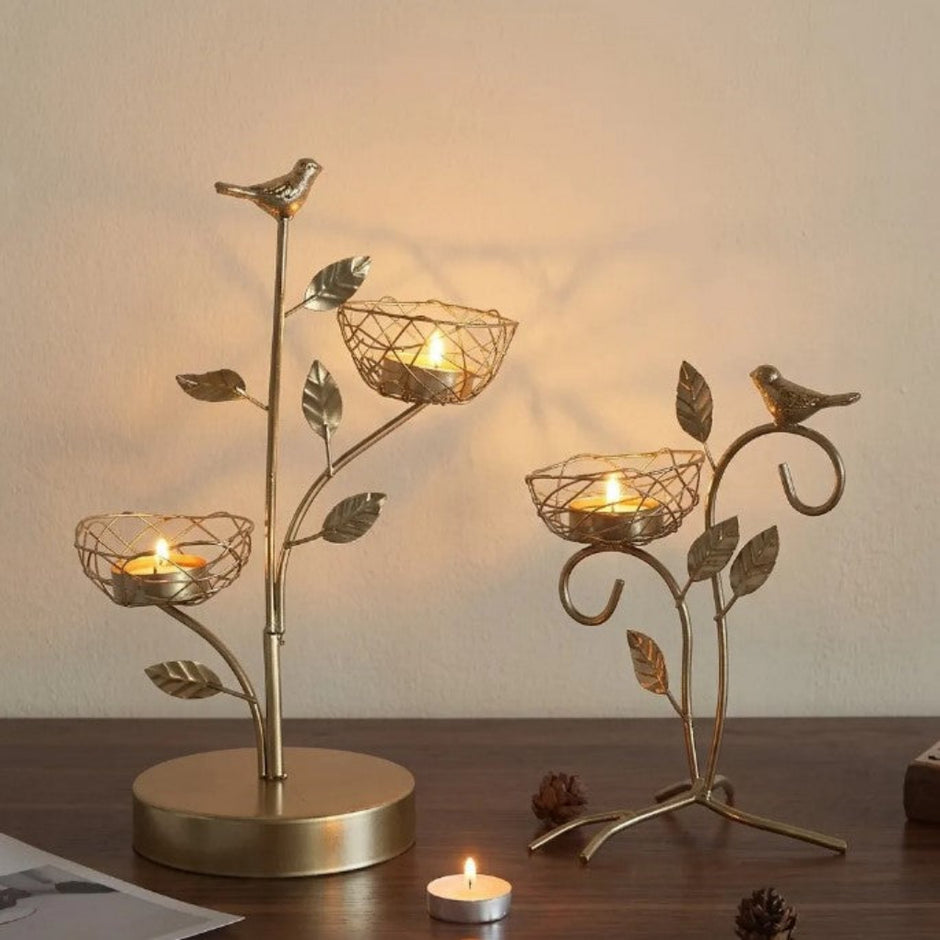 Golden Metal Bird And Branch Tealight Candle Holder / Ruchi