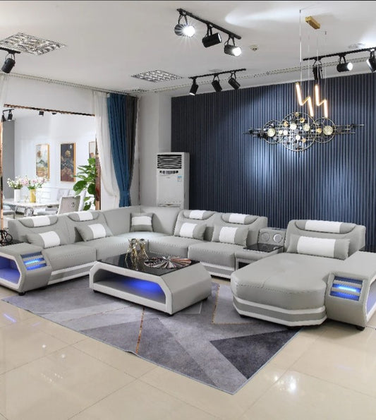 U-Shaped LED Leather Sectional Sofa With Chaise / Ruchi