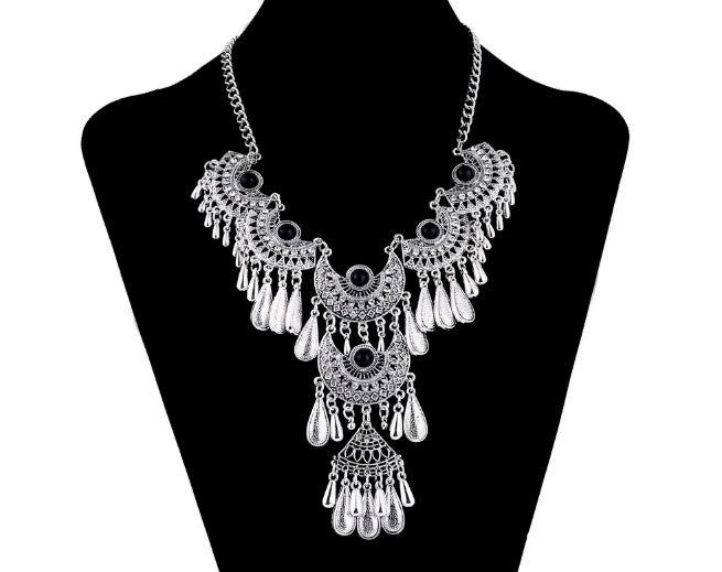Ethnic Turquoise Stone Drop Metal Necklace / Ruchi