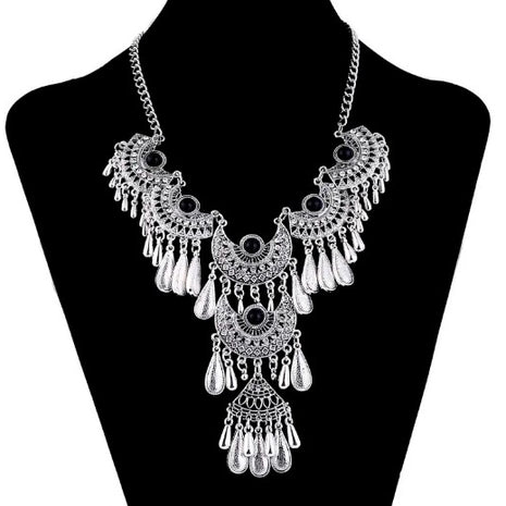 Ethnic Turquoise Stone Drop Metal Necklace / Ruchi