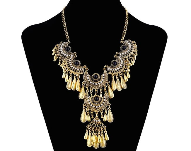 Ethnic Turquoise Stone Drop Metal Necklace / Ruchi