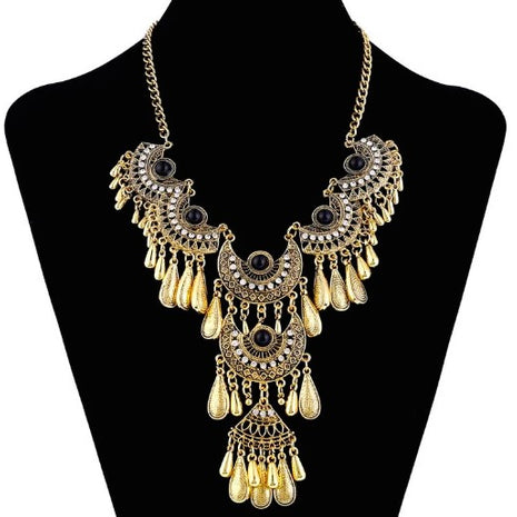 Ethnic Turquoise Stone Drop Metal Necklace
