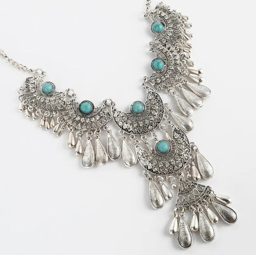 Ethnic Turquoise Stone Drop Metal Necklace