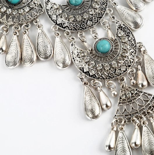 Ethnic Turquoise Stone Drop Metal Necklace