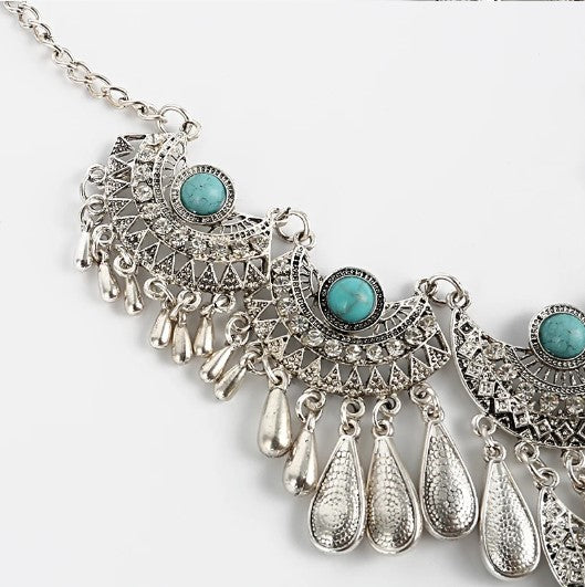 Ethnic Turquoise Stone Drop Metal Necklace
