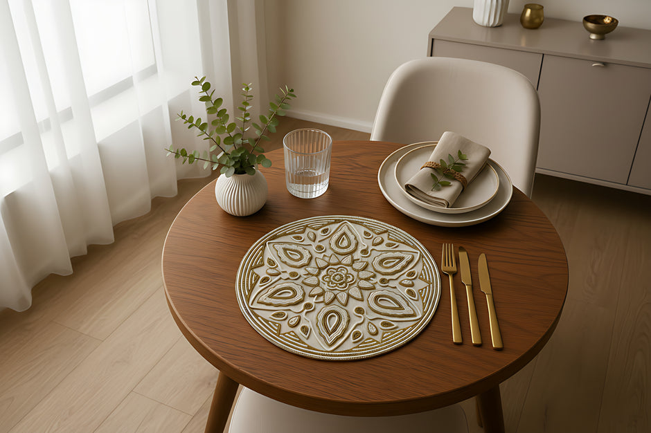 Set Of 2 Ornate Gold & Ivory Beaded Round Placemat / Ruchi