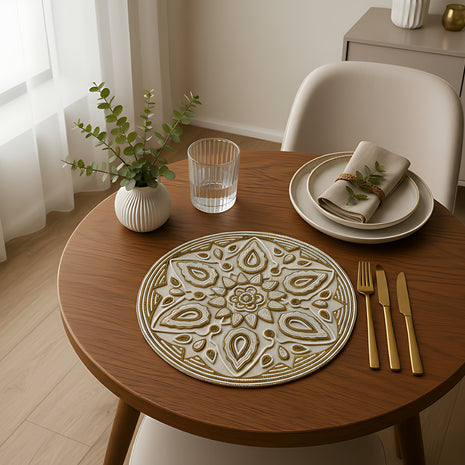 Set Of 2 Ornate Gold & Ivory Beaded Round Placemat / Ruchi
