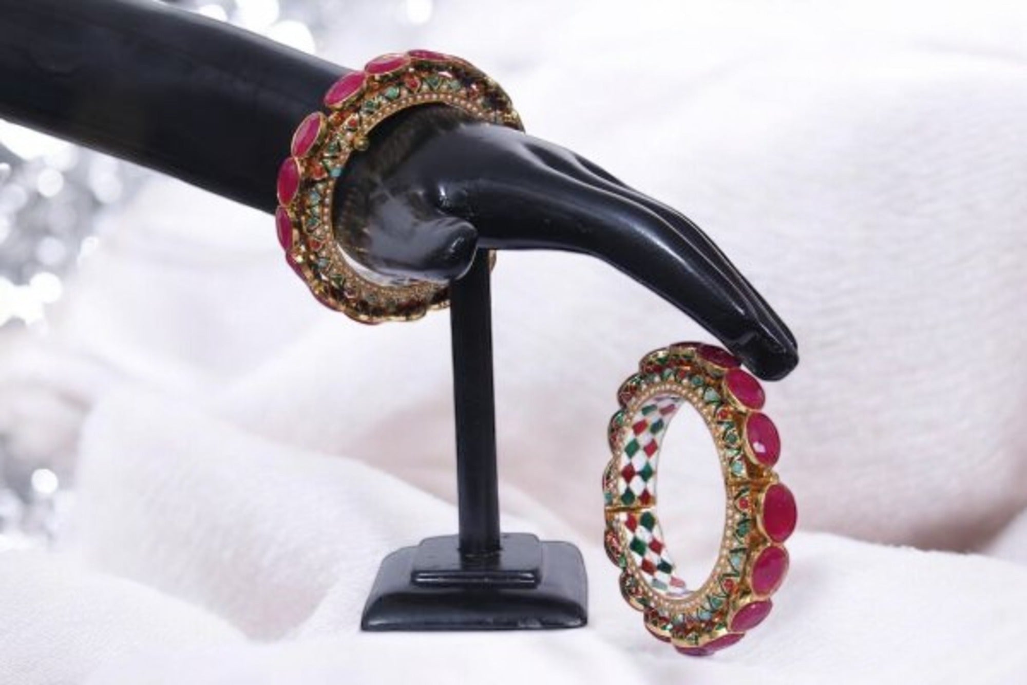 Set Of 2 Ruby Stone With Green Stone Diamond Accent Bangles / Ruchi