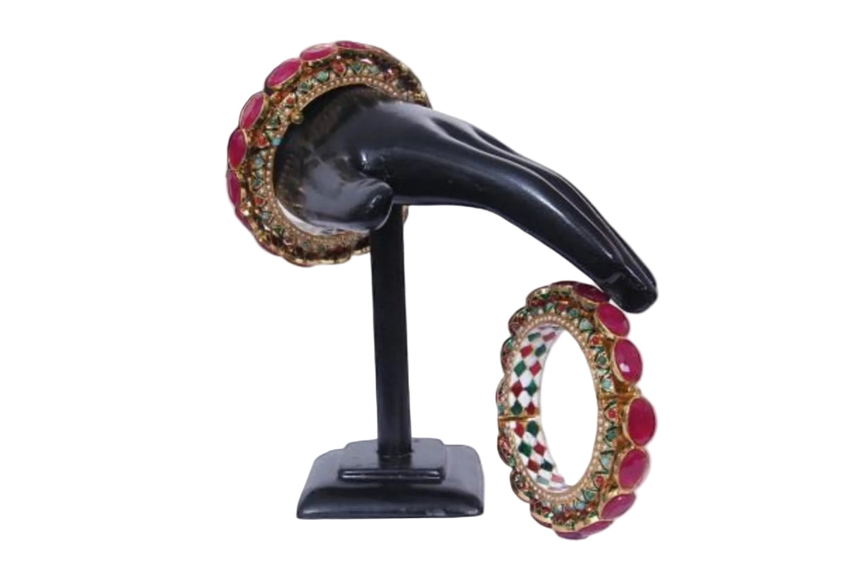 Set Of 2 Ruby Stone With Green Stone Diamond Accent Bangles / Ruchi