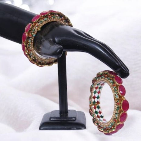 Set Of 2 Ruby Stone With Green Stone Diamond Accent Bangles / Ruchi