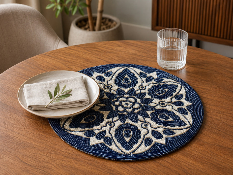 Set of 2 Navy Blue & Beige Floral Beaded Round Placemat / Ruchi