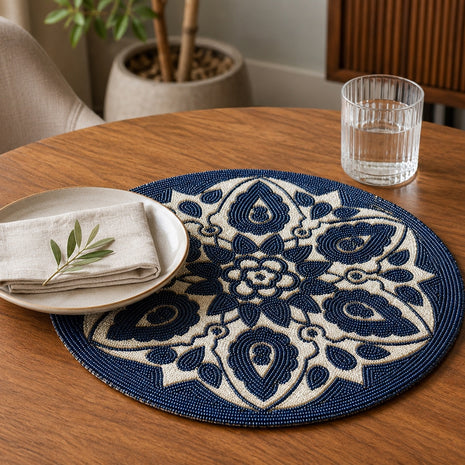 Set of 2 Navy Blue & Beige Floral Beaded Round Placemat / Ruchi