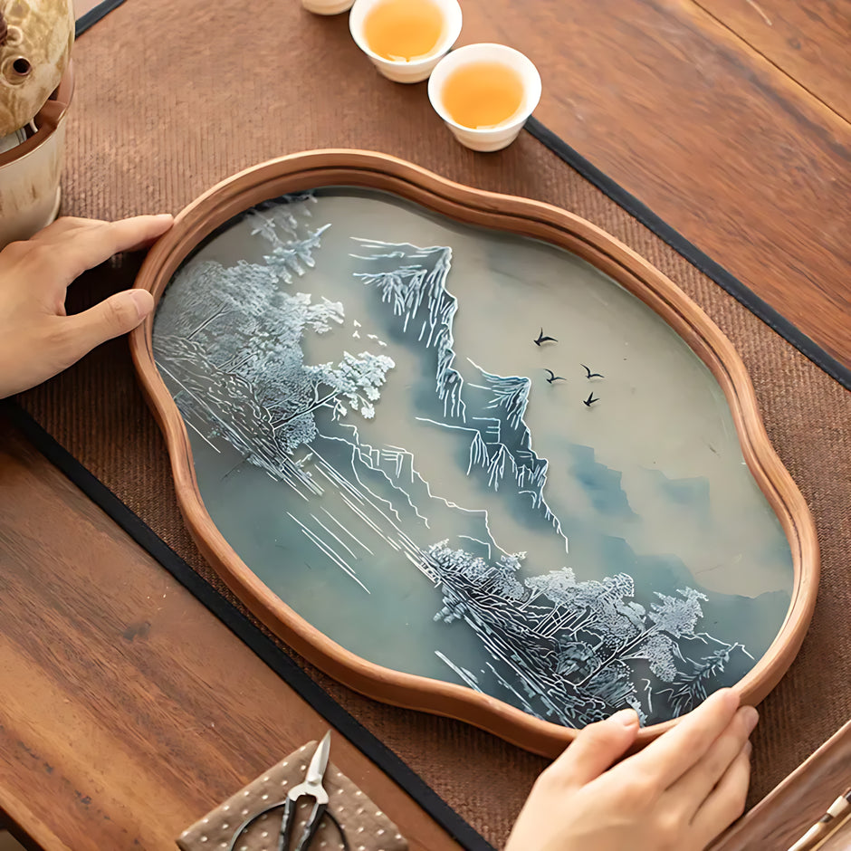 Simple Bamboo Wood Glass Serving Tray / Ruchi
