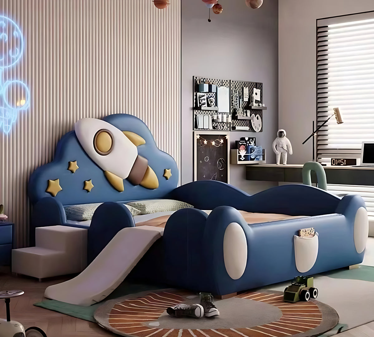 Spaceship Leather Kids Bed With Slide / Ruchi