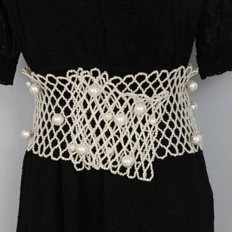 Super Wide White Handmade Pearl Waist Belt / Ruchi