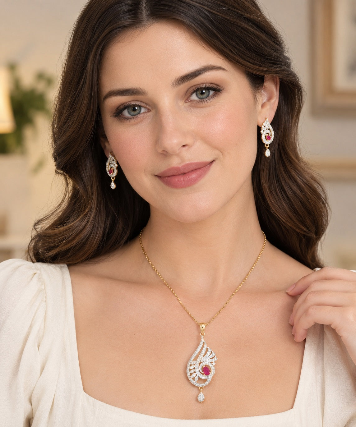 Traditional Ruby Rhinestone Necklace And Earrings Set / Ruchi