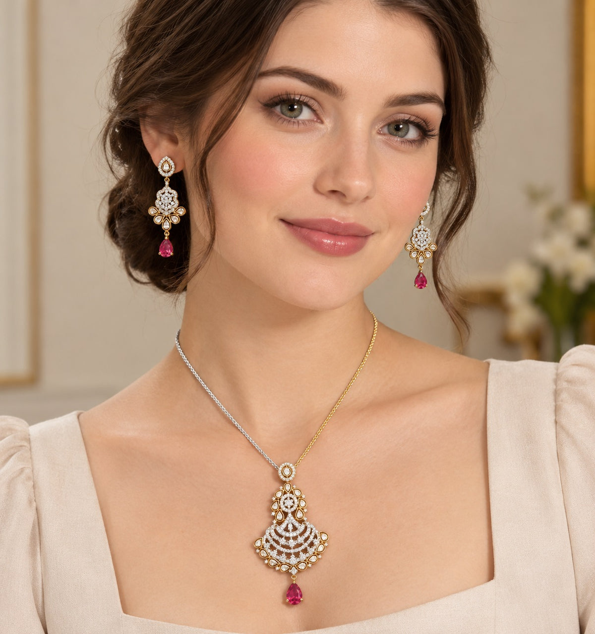 Traditional Teardrop Ruby Stone Necklace Set / Ruchi