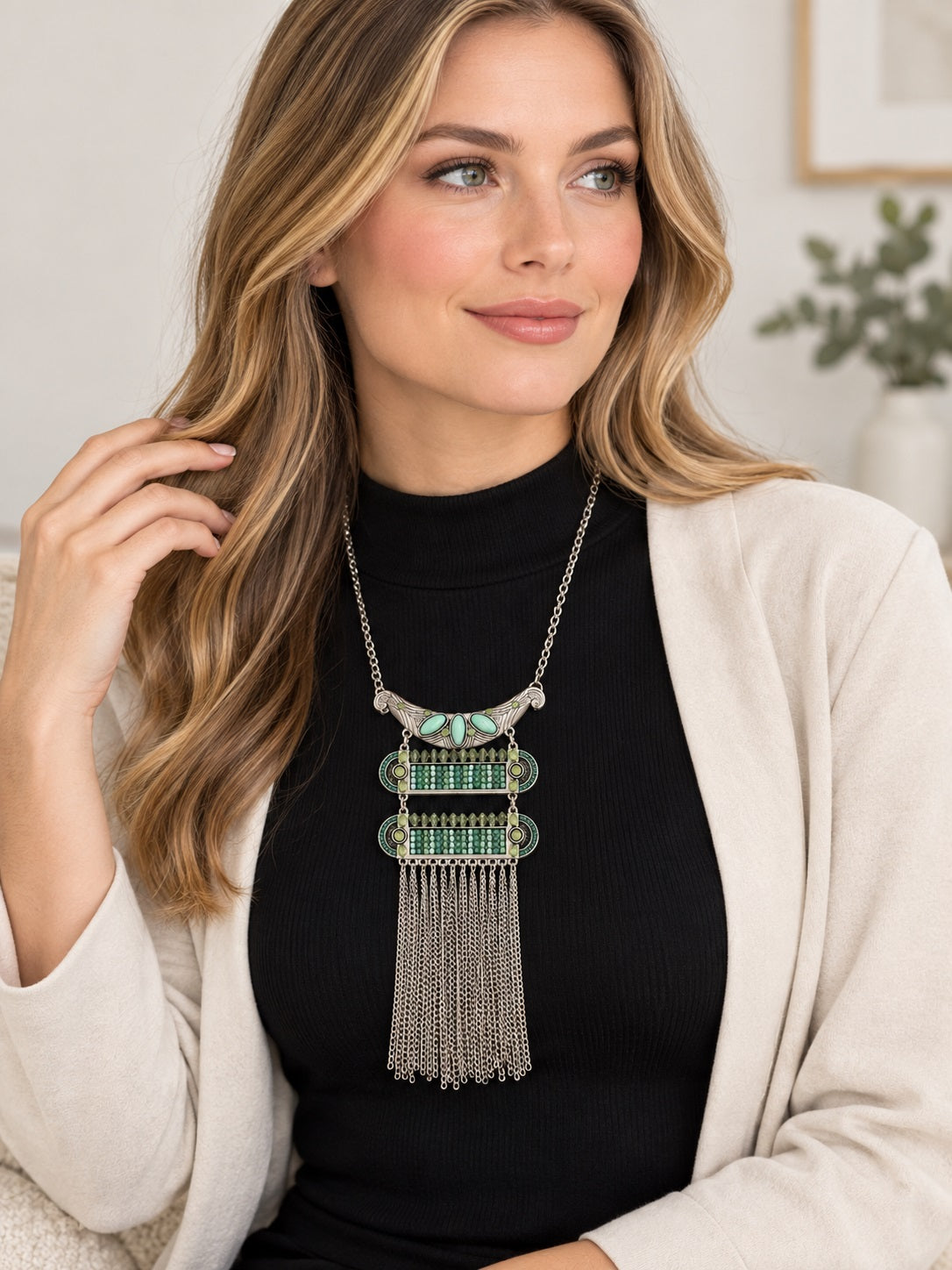 Traditional Turquoise Beaded Alloy Tassel Necklace / Ruchi