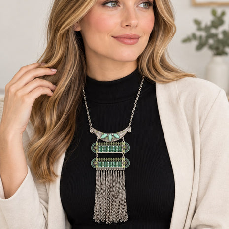 Traditional Turquoise Beaded Alloy Tassel Necklace / Ruchi