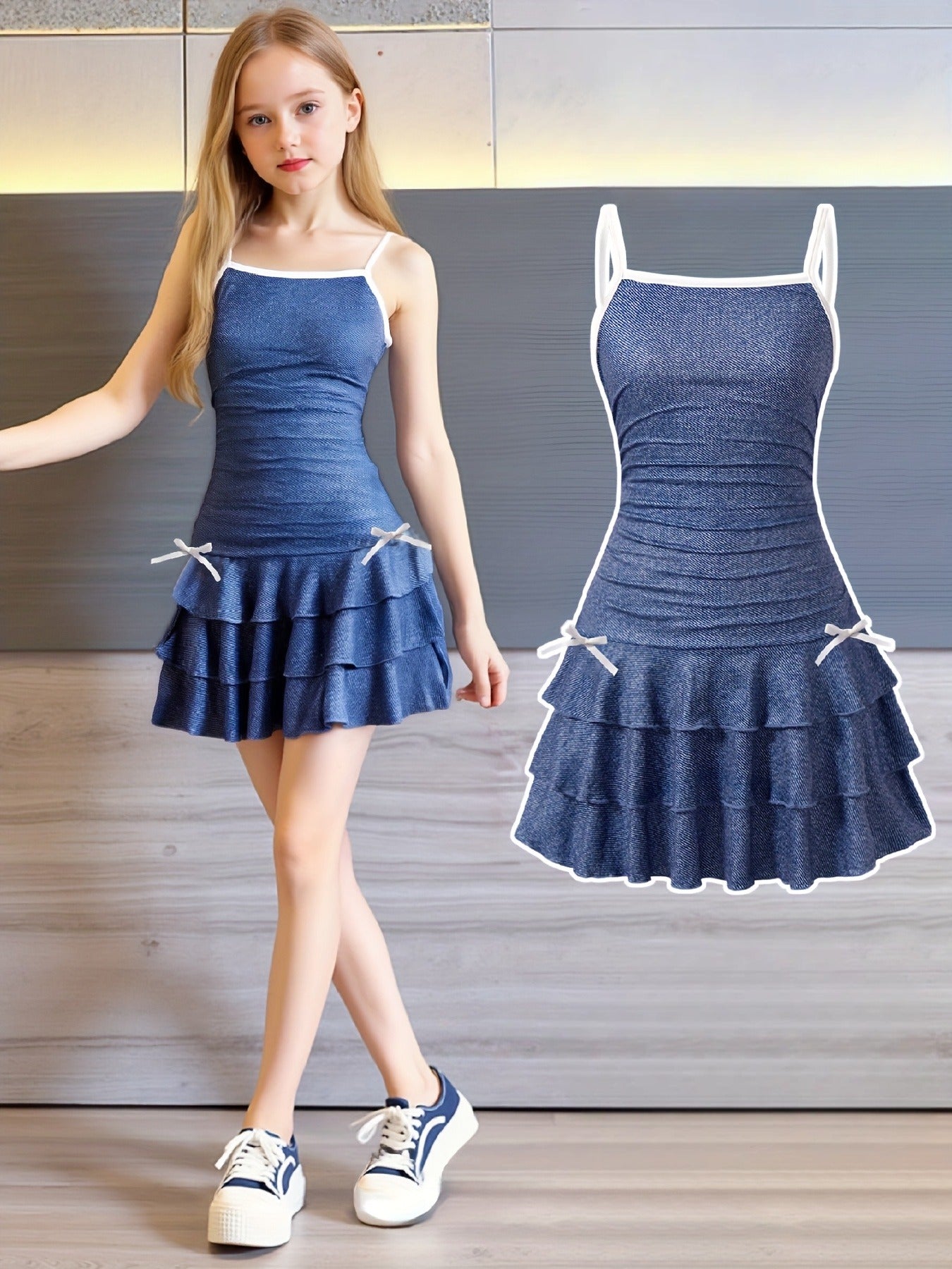 Trendy Denim Print Polyester Dress For Girls / Ruchi