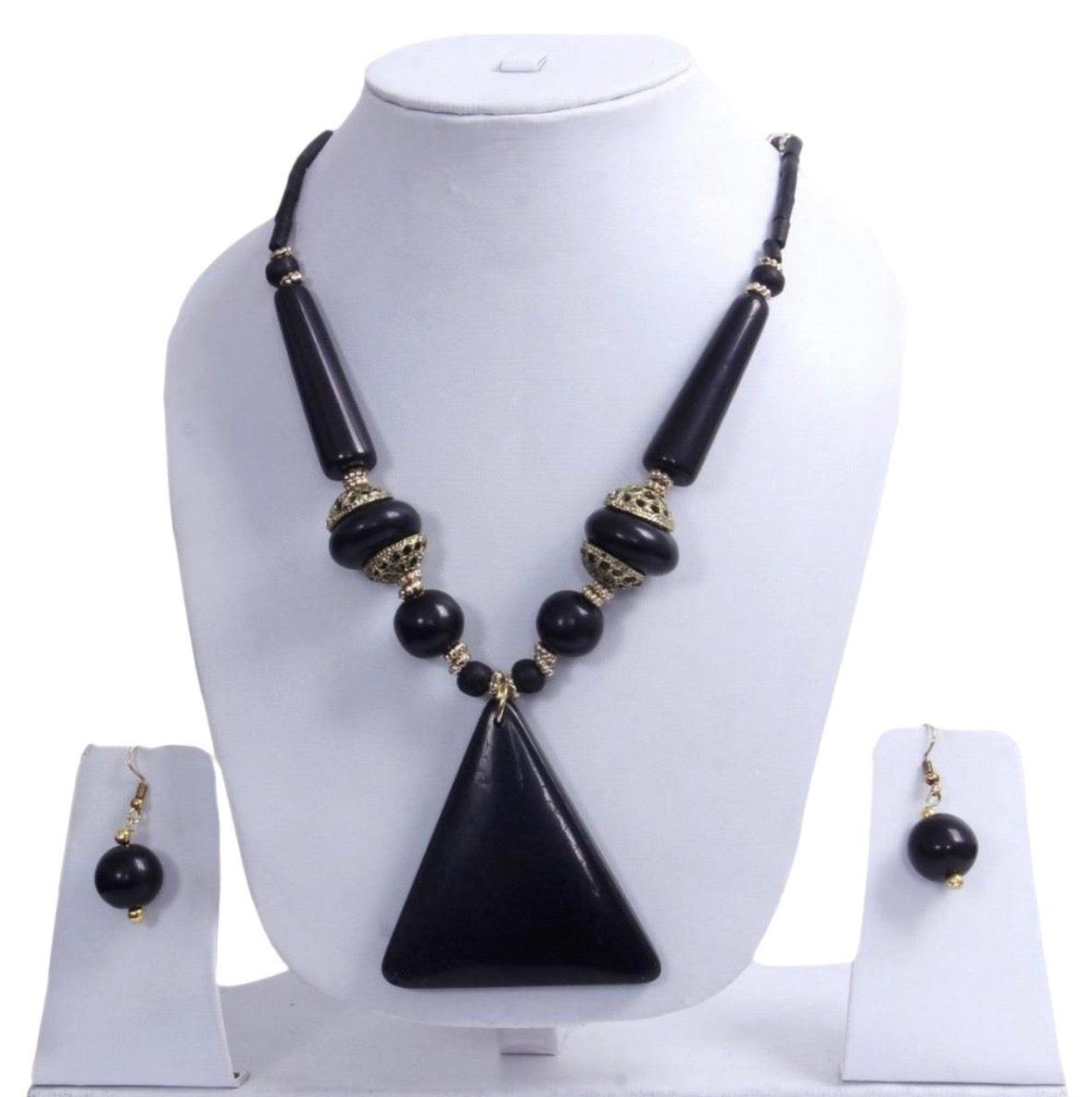 Triangular Pendant Wooden Beaded Necklace With Hoop Earrings Set / Ruchi