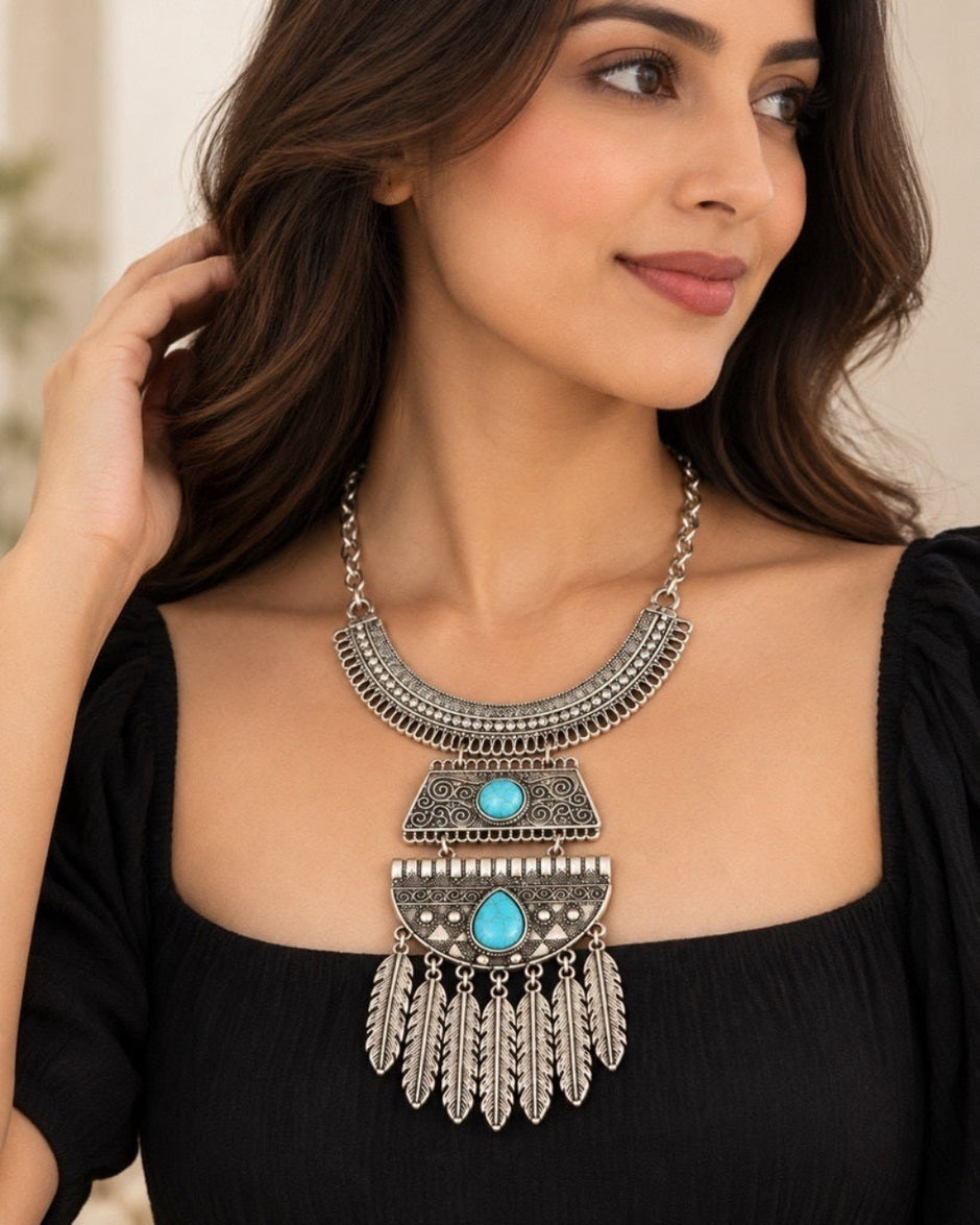 Turquoise Stone Alloy Boho Feather Necklace / Ruchi