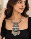 Turquoise Stone Alloy Boho Feather Necklace / Ruchi