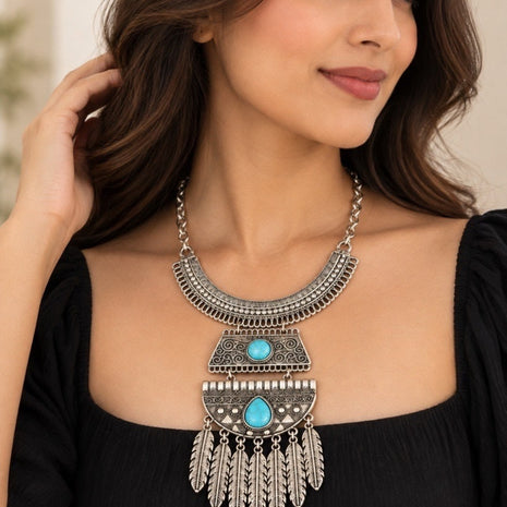 Turquoise Stone Alloy Boho Feather Necklace / Ruchi