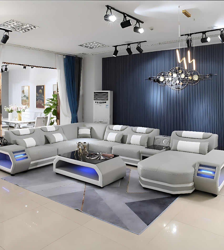 U-Shaped LED Leather Sectional Sofa With Chaise / Ruchi