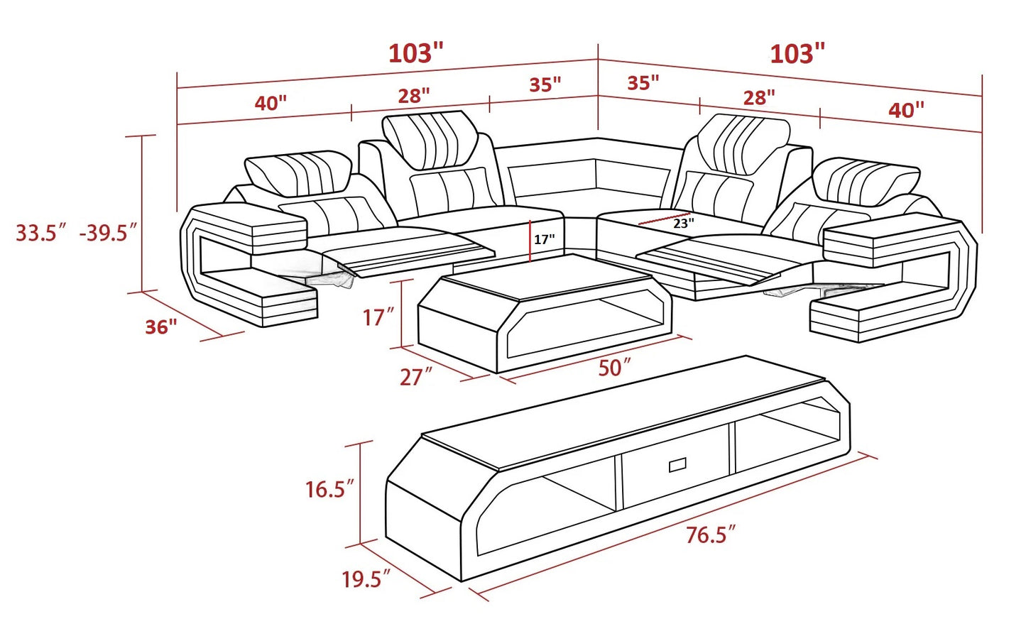 Power Reclining LED Leather Sectional Sofa