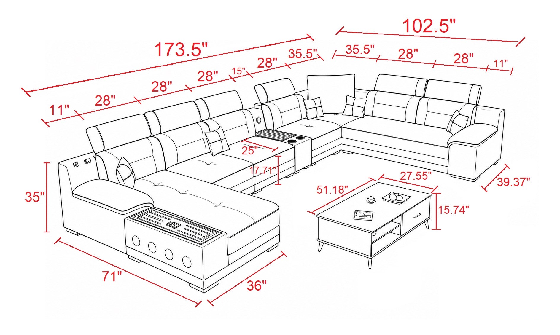 Multifunctional U-Shaped Leather Sectional Sofa